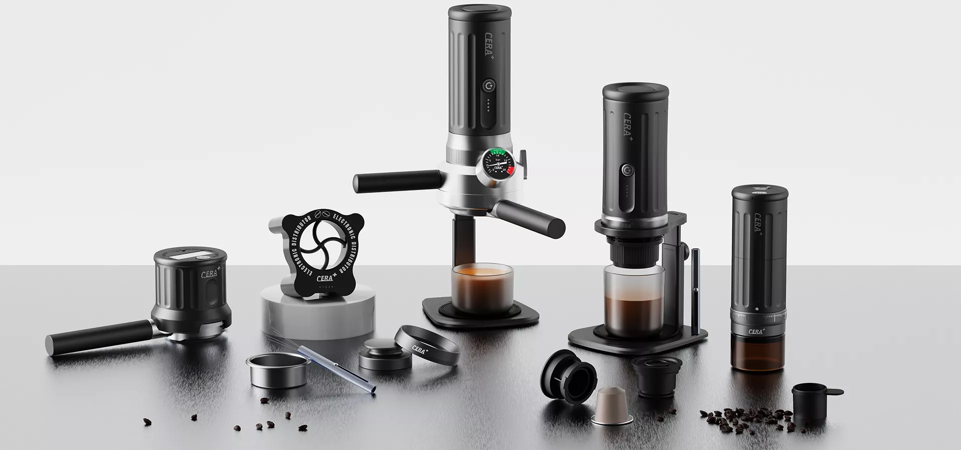 The full Cera+ range — portable espresso machine, grinders, tampers and WDT tools arranged on a dark surface