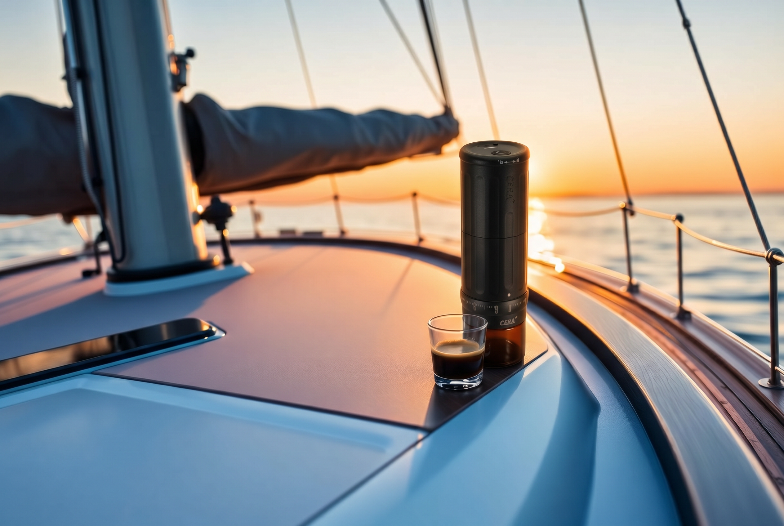 Cera+ machine on the deck of a sailing boat at sunrise